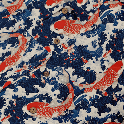 Shirt with koi fish and swirling water patterns in red, blue, and white. close-up