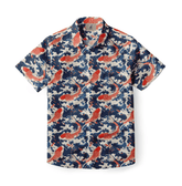 Shirt with koi fish and swirling water patterns in red, blue, and white.