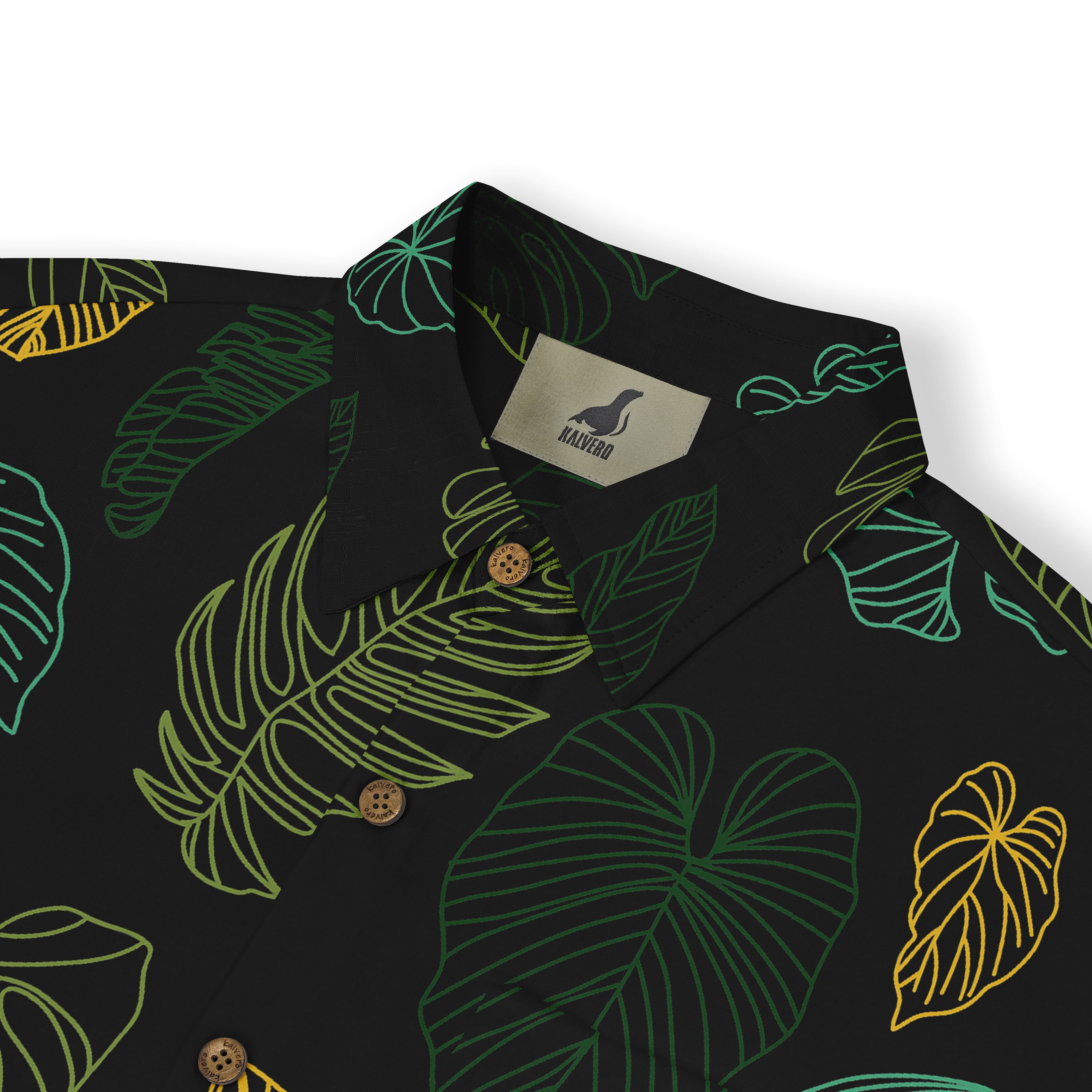 This close-up highlights the intricate leaf patterns on the shirt&