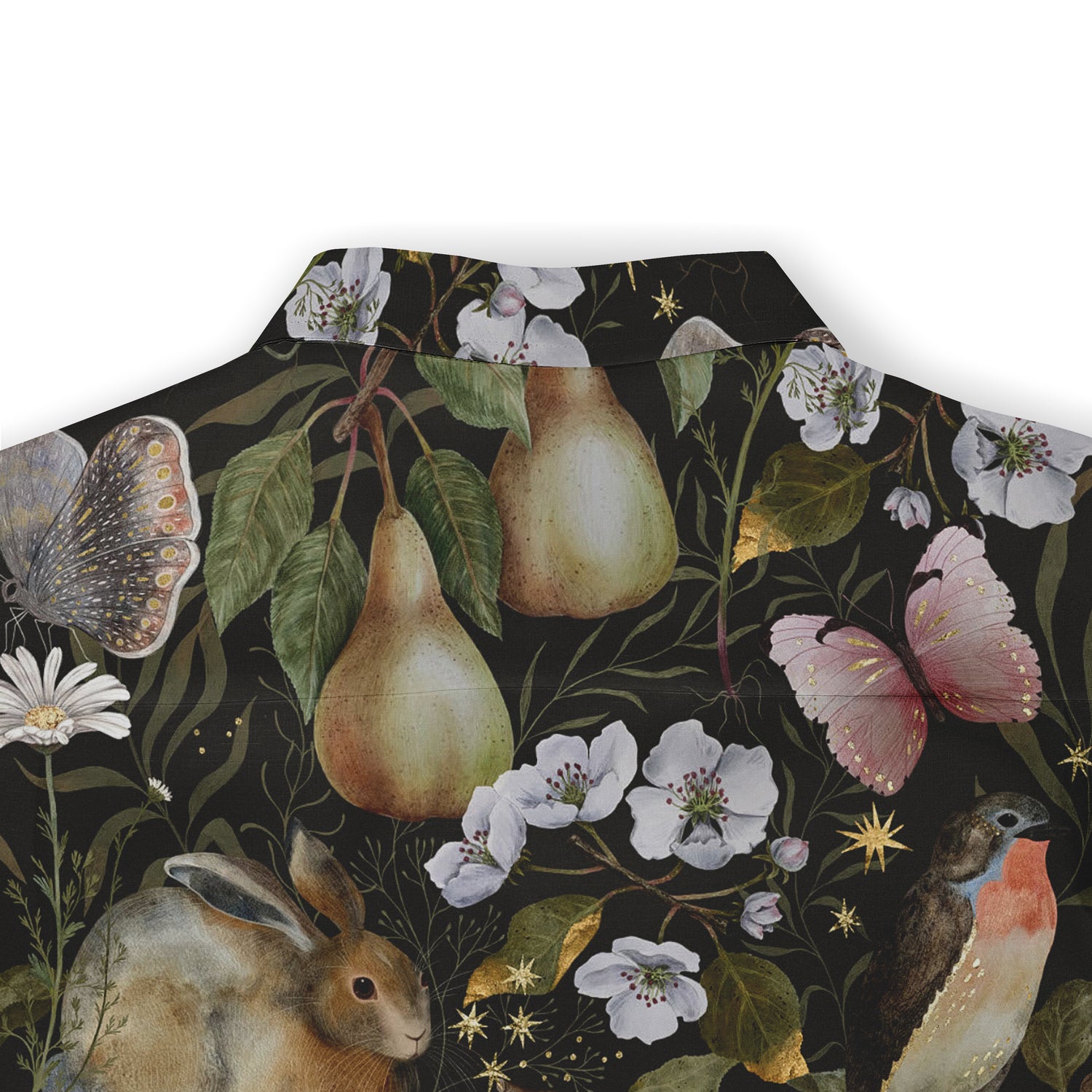 Close-up of a shirt collar featuring a nature-inspired design with pears, butterflies, white flowers, and a rabbit, set against a dark background with subtle star details.