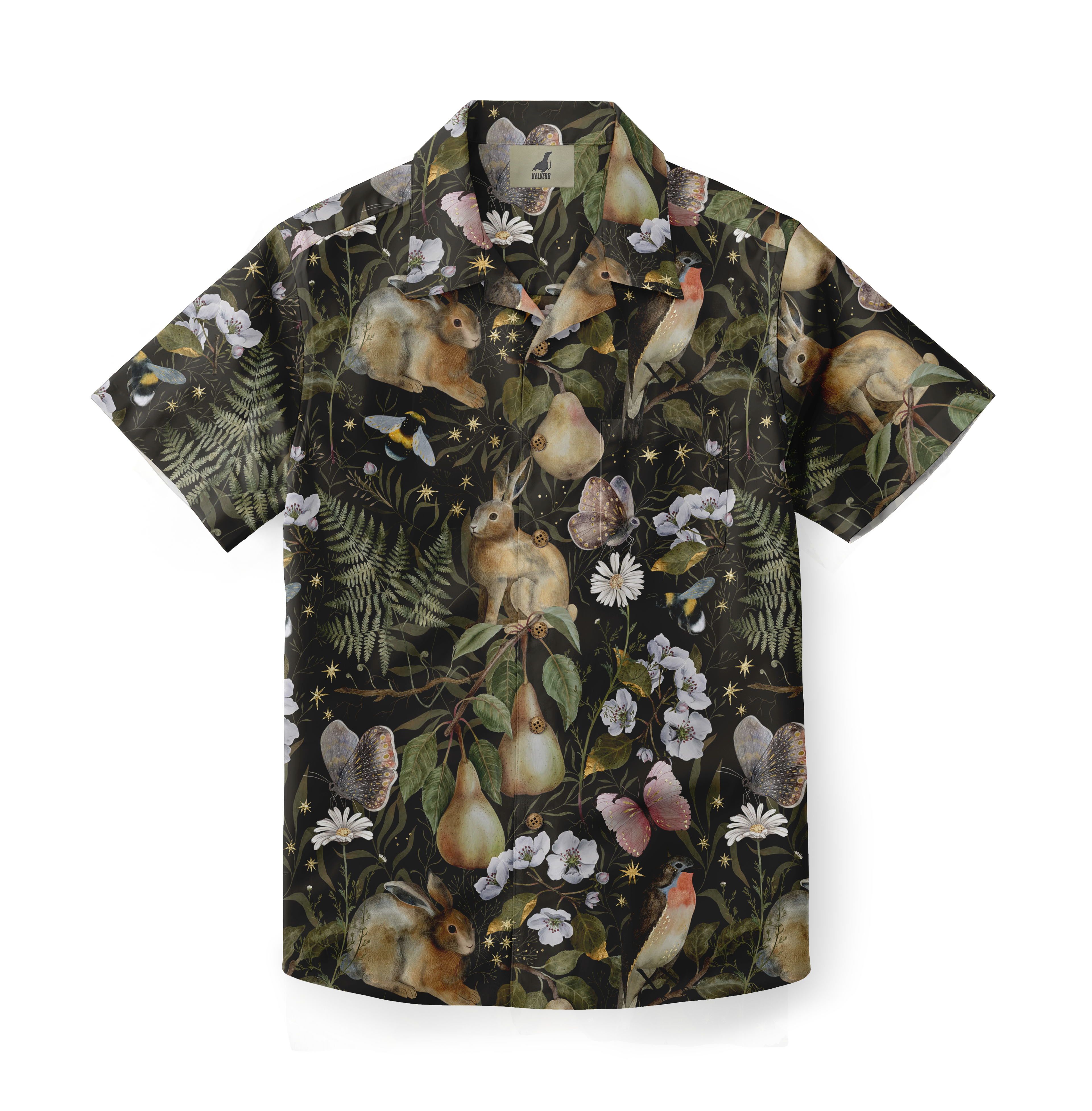 Short-sleeve shirt featuring a woodland-inspired pattern with rabbits, birds, butterflies, pears, and flowers against a dark background, creating a magical and whimsical nature scene.