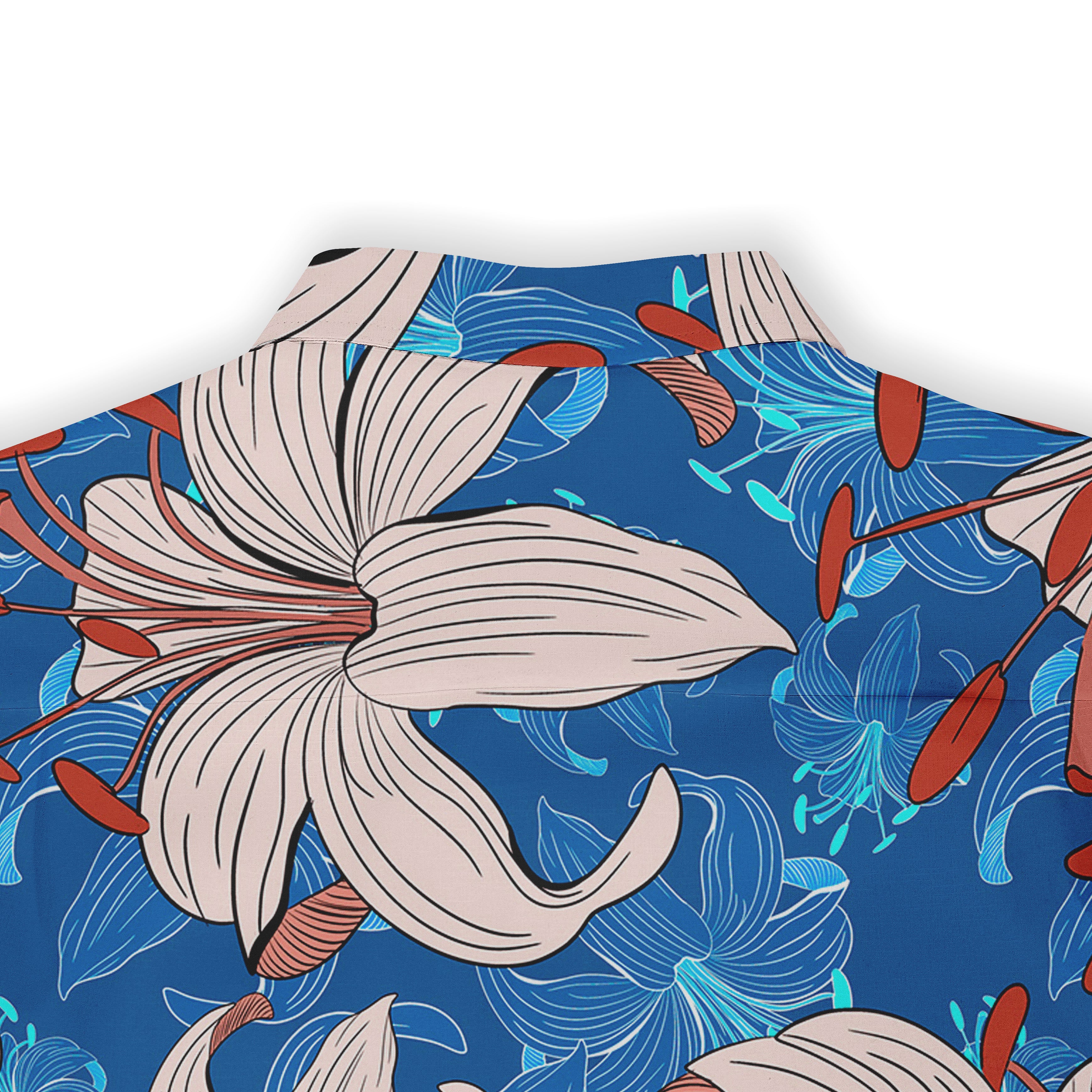 Close-up view of the back collar area of a Hawaiian shirt featuring a striking design of large beige lilies with red-orange stamen, contrasted against a vivid blue background with additional abstract blue floral elements.