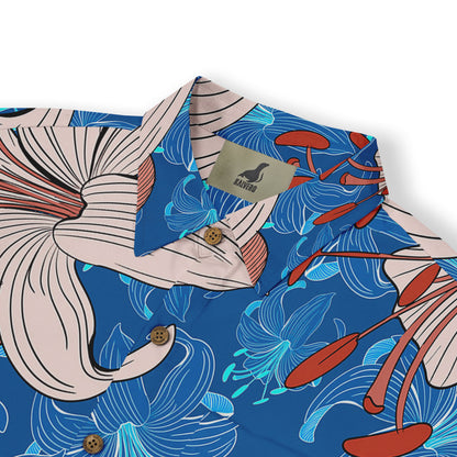 Close-up view of the collar of a Hawaiian shirt, showcasing a vibrant design with beige lilies, red-orange stamen details, and abstract blue floral patterns on a bright blue background, highlighting the &quot;Kalvero&quot; label inside.