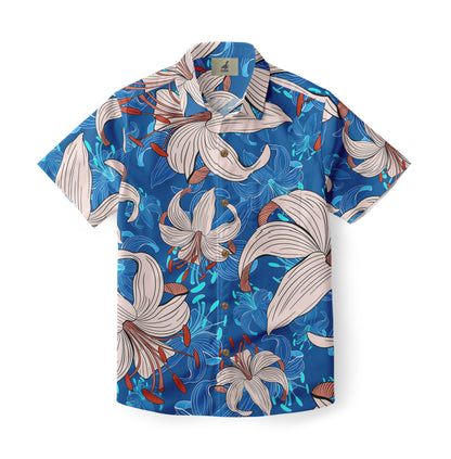 Front view of a Hawaiian shirt featuring a bold pattern with large beige lilies, orange accents, and abstract blue floral elements on a bright blue background.