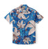 Front view of a Hawaiian shirt featuring a bold pattern with large beige lilies, orange accents, and abstract blue floral elements on a bright blue background.