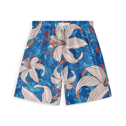 Shorts featuring a vibrant design with large beige lilies and orange accents against a bright blue background.