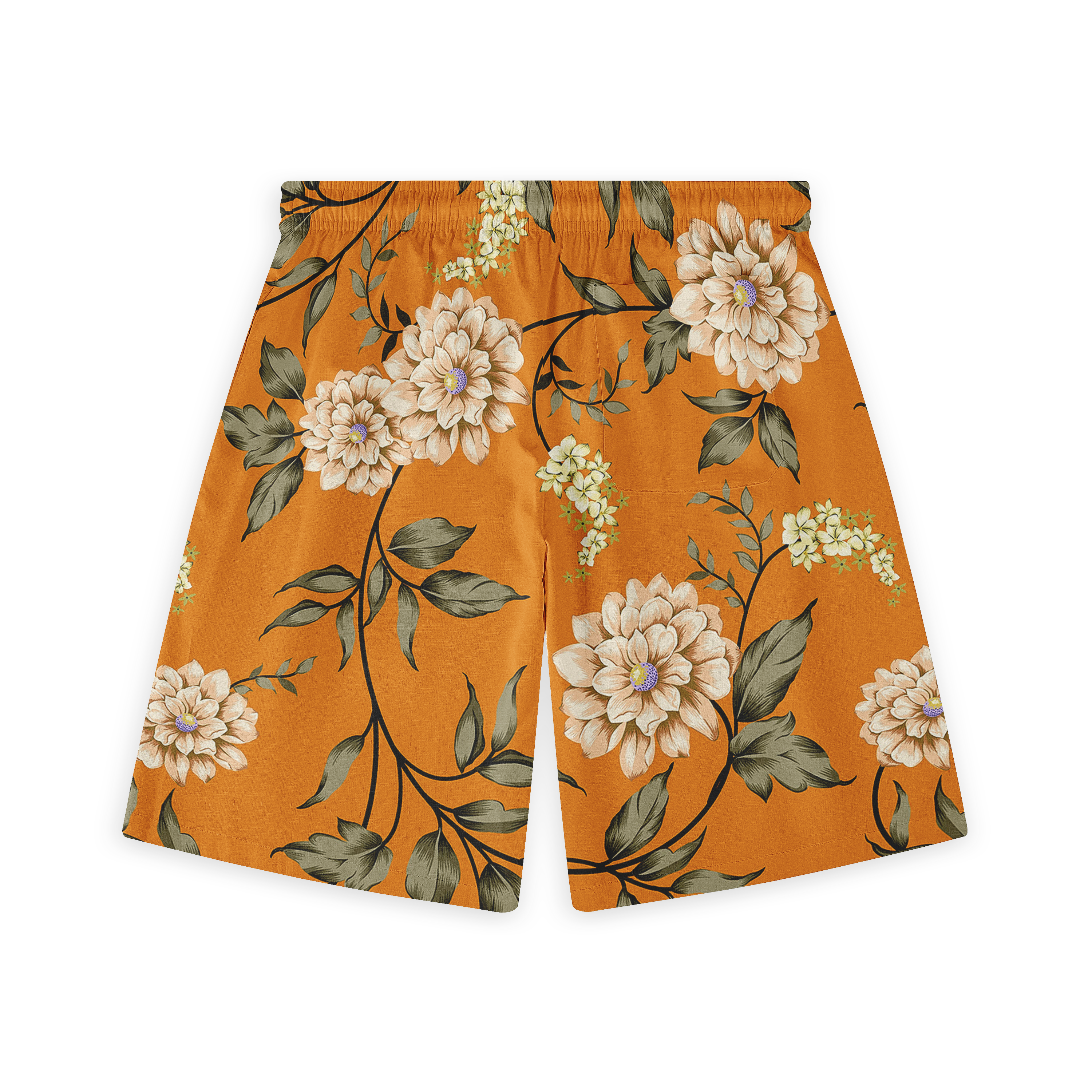 Shorts featuring a design of white and beige flowers with green leaves on an orange background.