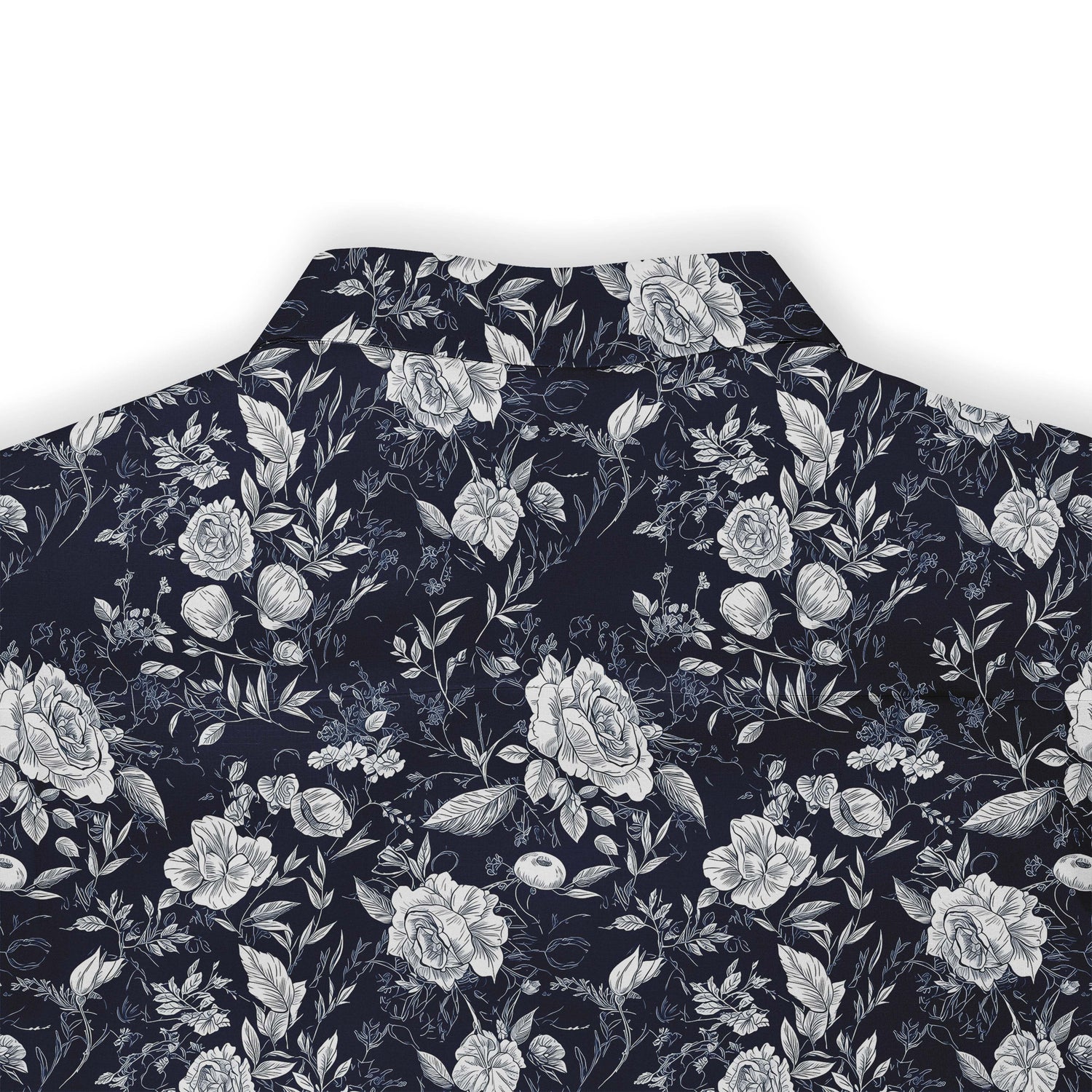 Midnight blue shirt with white roses, evoking a serene garden at night back view