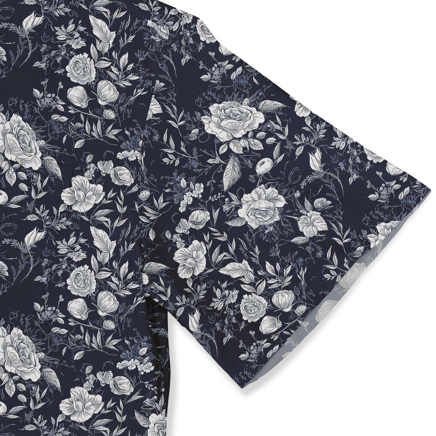 Midnight blue shirt with white roses, evoking a serene garden at night close-up