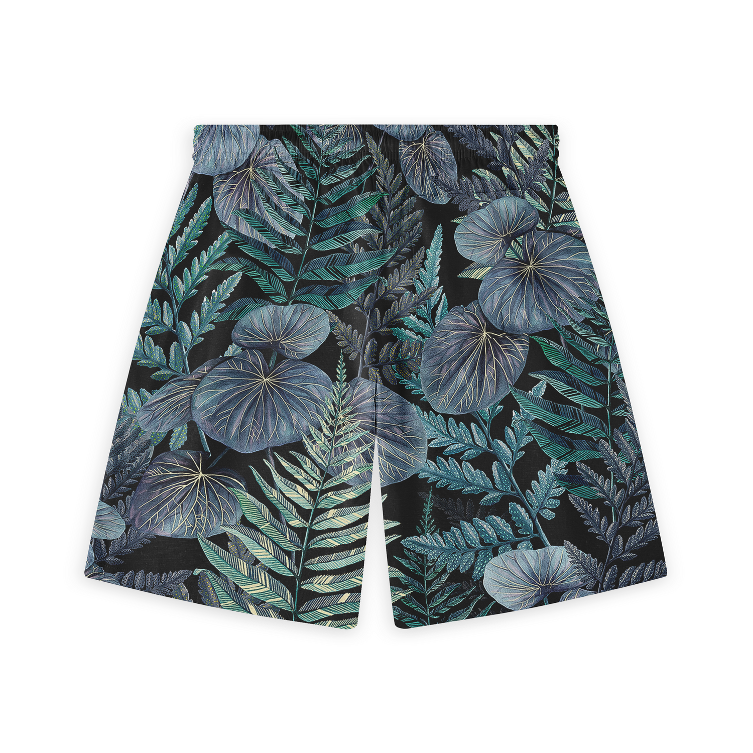 Shorts featuring a pattern of tropical leaves in various shades of blue and green on a dark background, creating a vibrant and lush look.