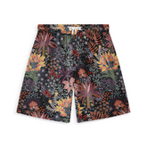 A pair of shorts with an intricate, colorful floral design featuring various flowers and leaves in shades of orange, red, yellow, and green against a dark background.