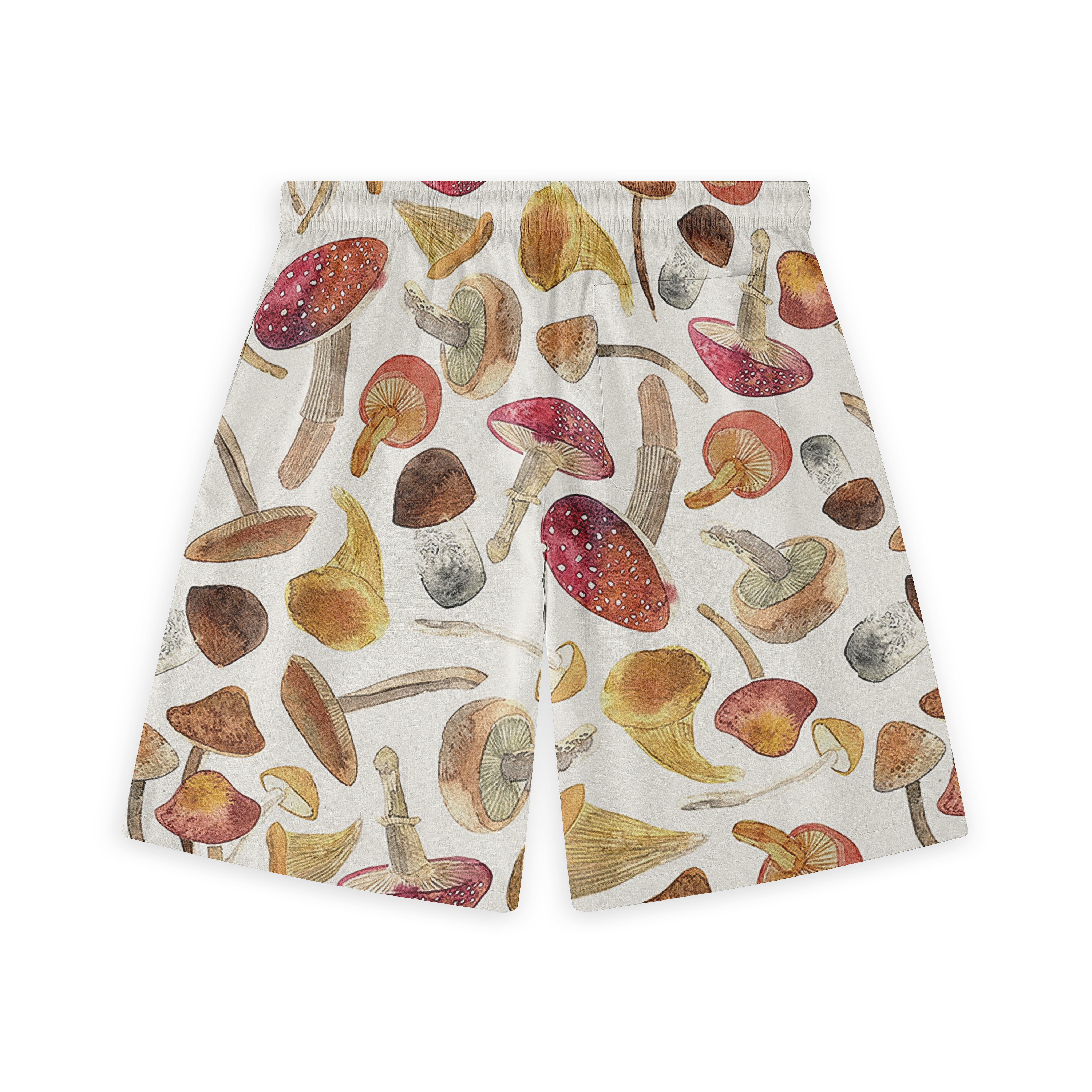 A pair of shorts with a playful mushroom pattern in various earthy tones, featuring shades of red, brown, and beige on a light background.