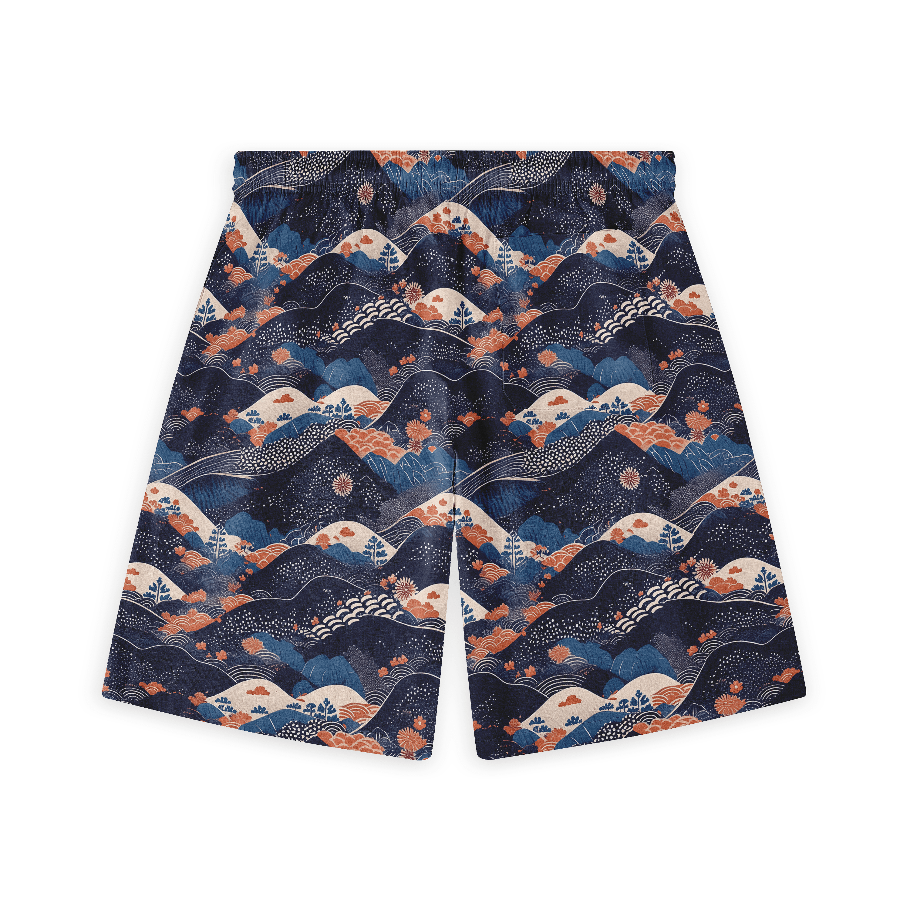 Short with serene mountain and river scenes in blue and white back