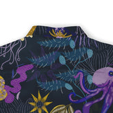 The back collar of a shirt with a marine-themed design, featuring elements like jellyfish, seaweed, and octopus tentacles in purple, blue, and yellow hues on a dark background.