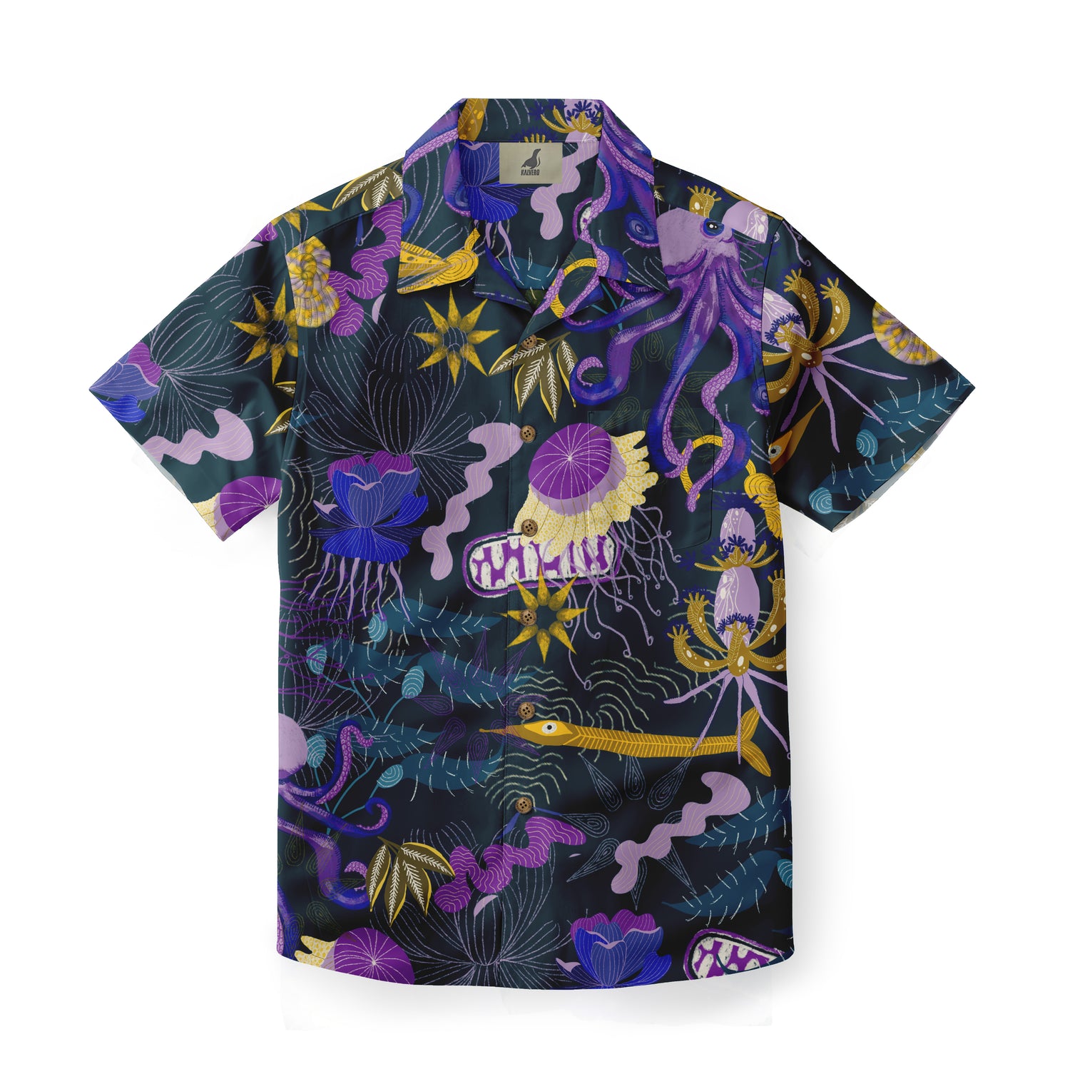 This shirt features a dynamic marine-themed design, showcasing elements like an octopus, jellyfish, seaweed, and starfish in vibrant shades of purple, yellow, and blue against a dark background.