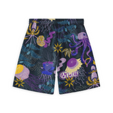 These shorts feature a colorful marine life design, including an octopus, jellyfish, seaweed, and starfish, in shades of purple, yellow, and blue on a dark background.