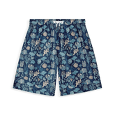 Deep blue short with delicate coral and seaweed illustrations depicting a nighttime ocean scene.