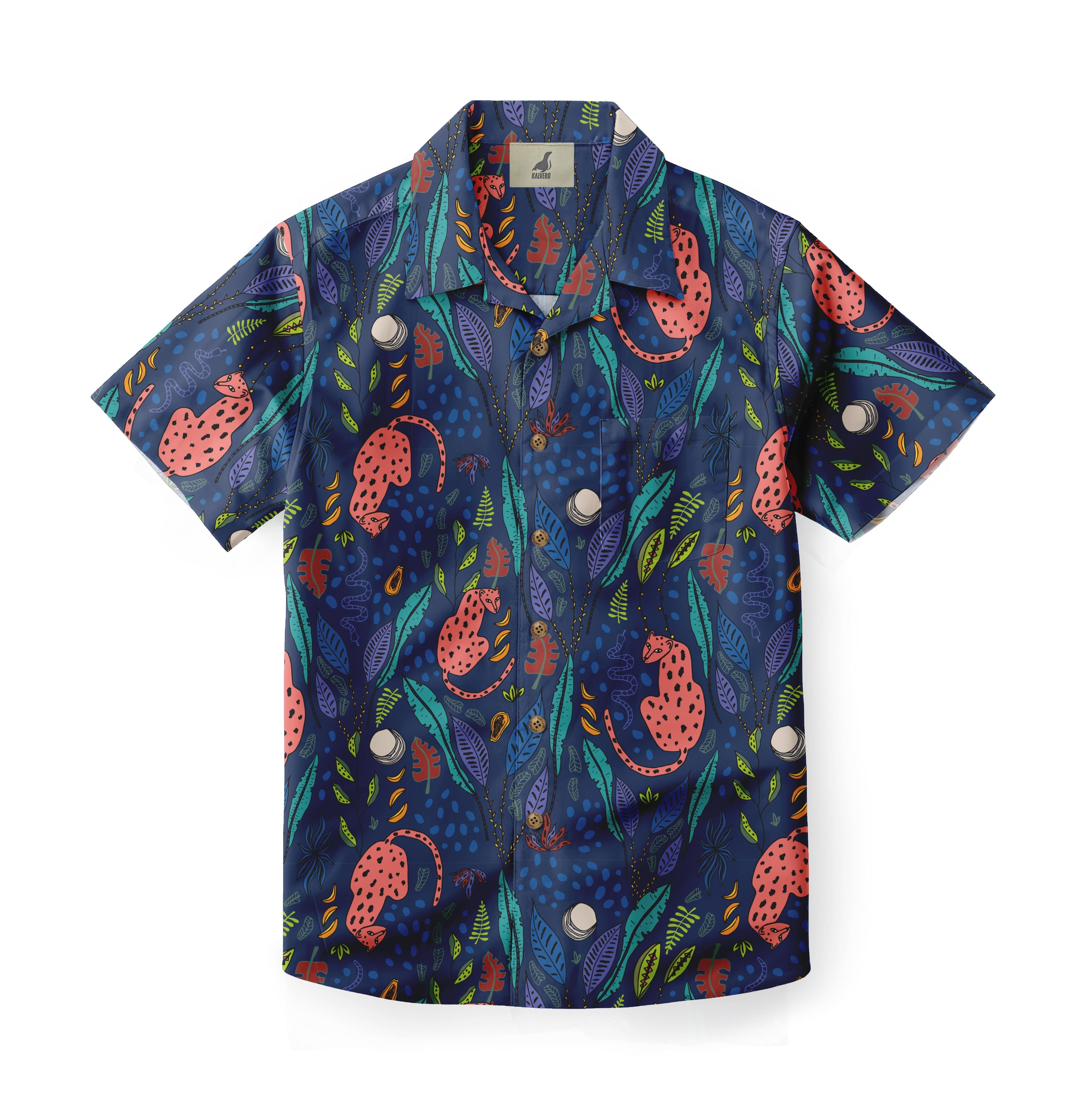 Shirt with a vibrant pattern of pink leopards, colorful leaves, and abstract shapes on a deep blue background.