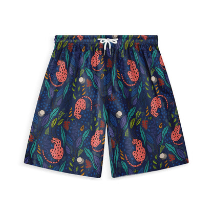 Shorts with a vibrant jungle theme featuring pink leopards, colorful leaves, and abstract elements on a dark blue background.