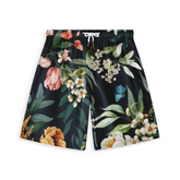 Floral shorts with a black background, featuring a variety of colorful flowers and green leaves.