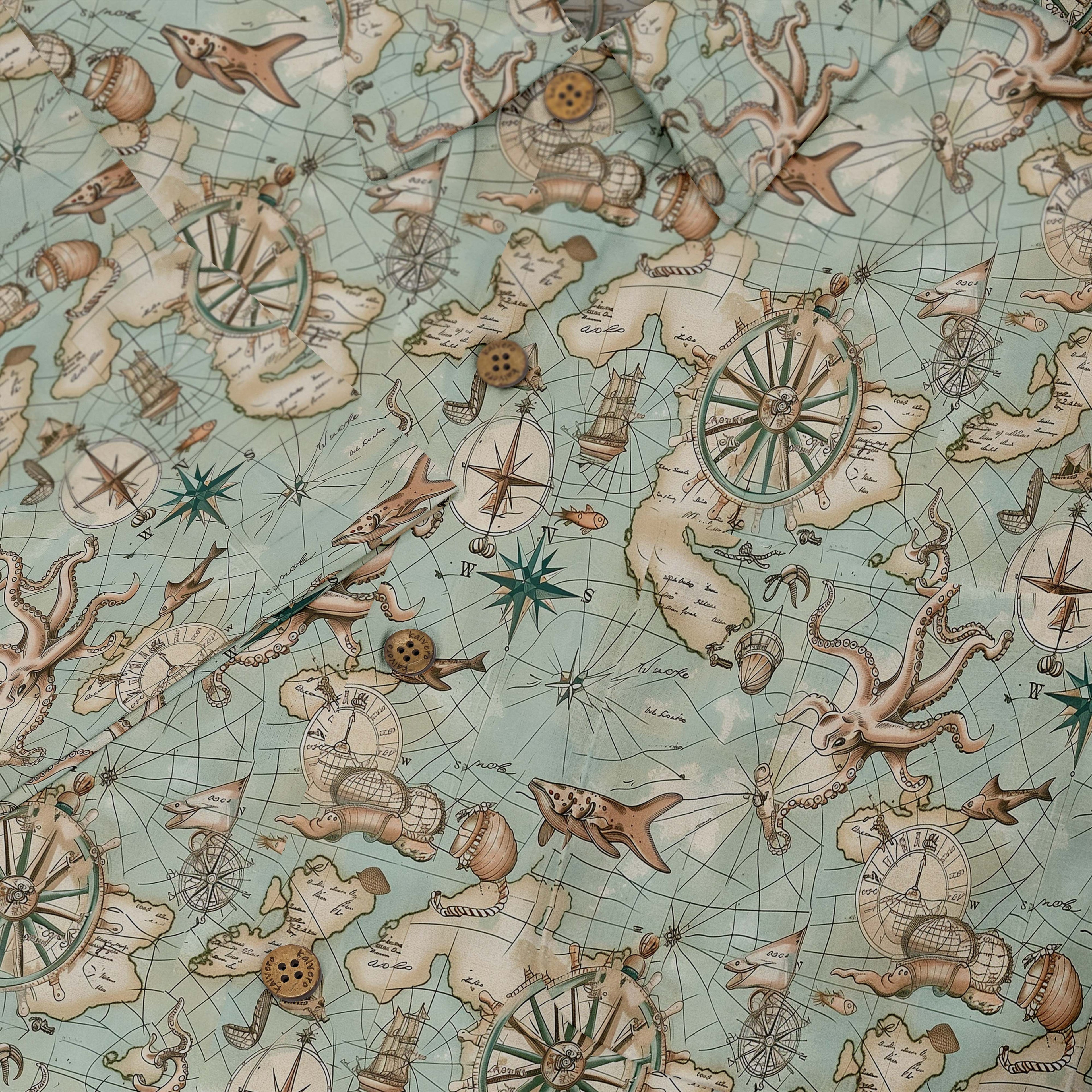 Map-patterned shirt with ancient nautical elements and detailed illustrations of sea creatures front buttons close-up