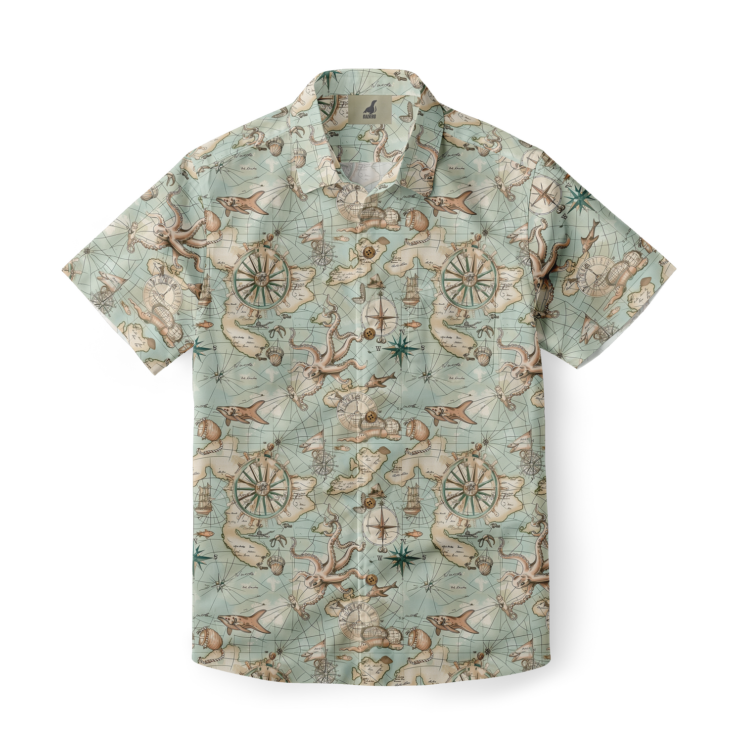 Map-patterned shirt with ancient nautical elements and detailed illustrations of sea creatures.