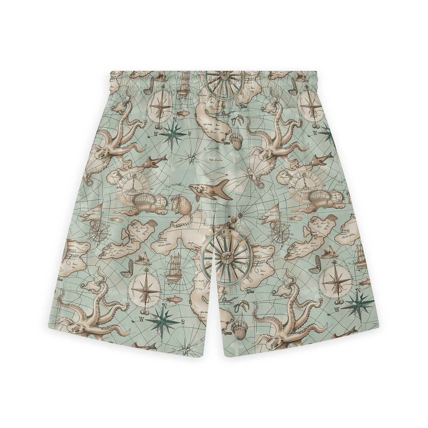 Map-patterned shirt with ancient nautical elements and detailed illustrations of sea creatures back