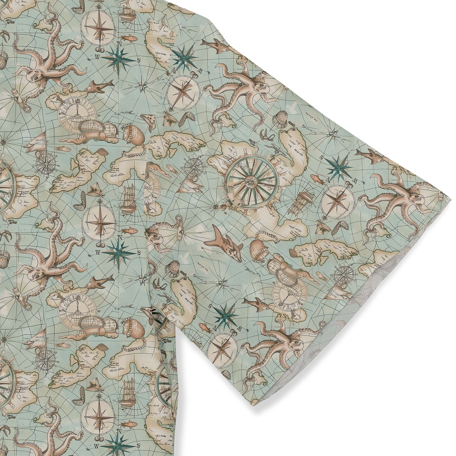 Map-patterned shirt with ancient nautical elements and detailed illustrations of sea creatures sleeve close-up