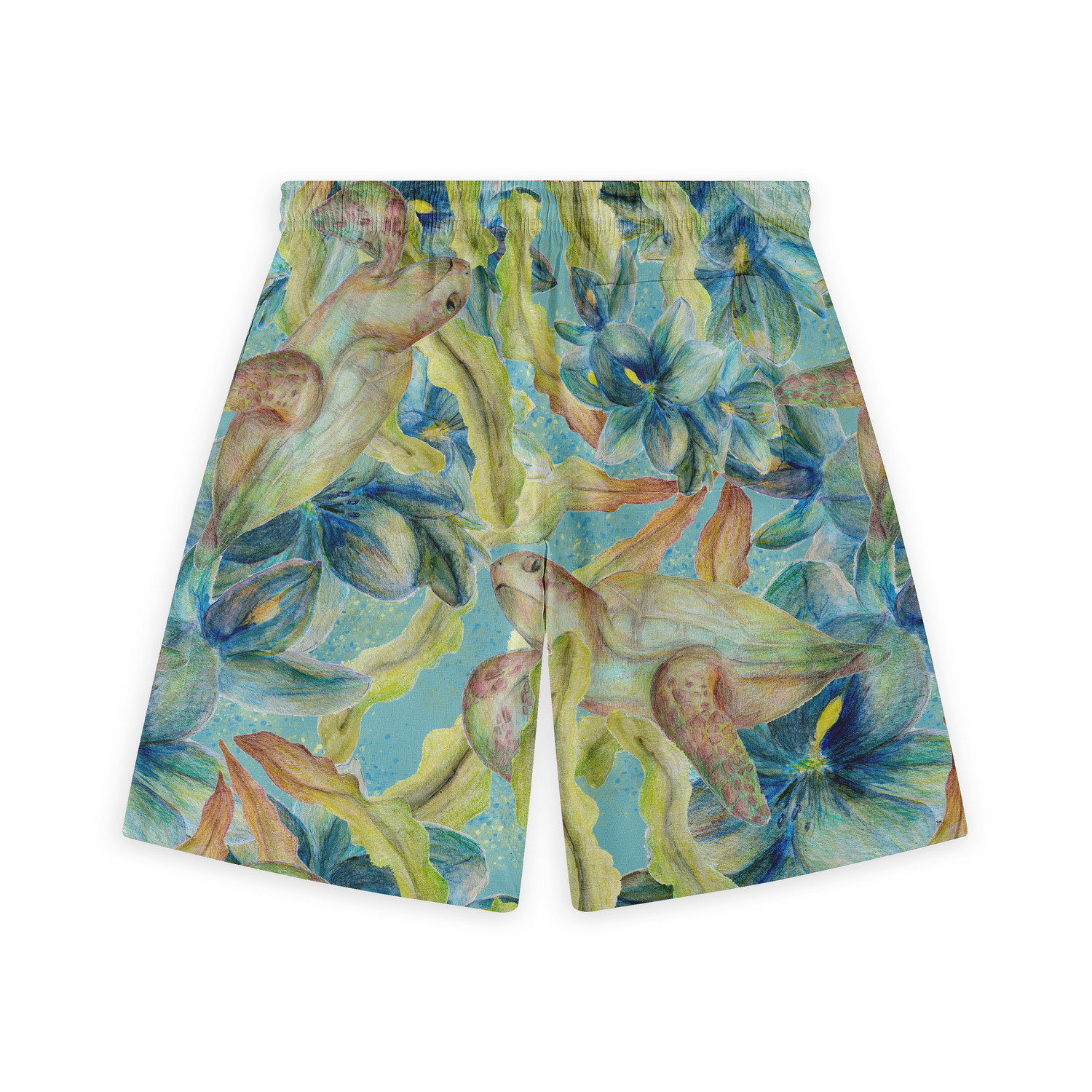 Back view of swim shorts featuring an oceanic design with sea turtles and blue flowers on a vibrant, watery background.