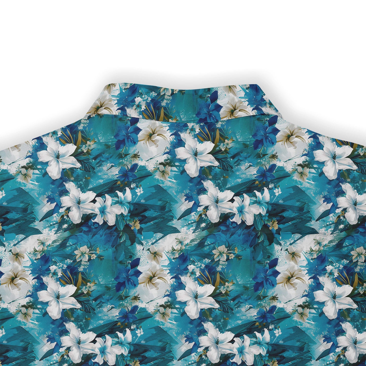 Blue shirt with white flowers and green leaves, evoking an oceanic landscape back view