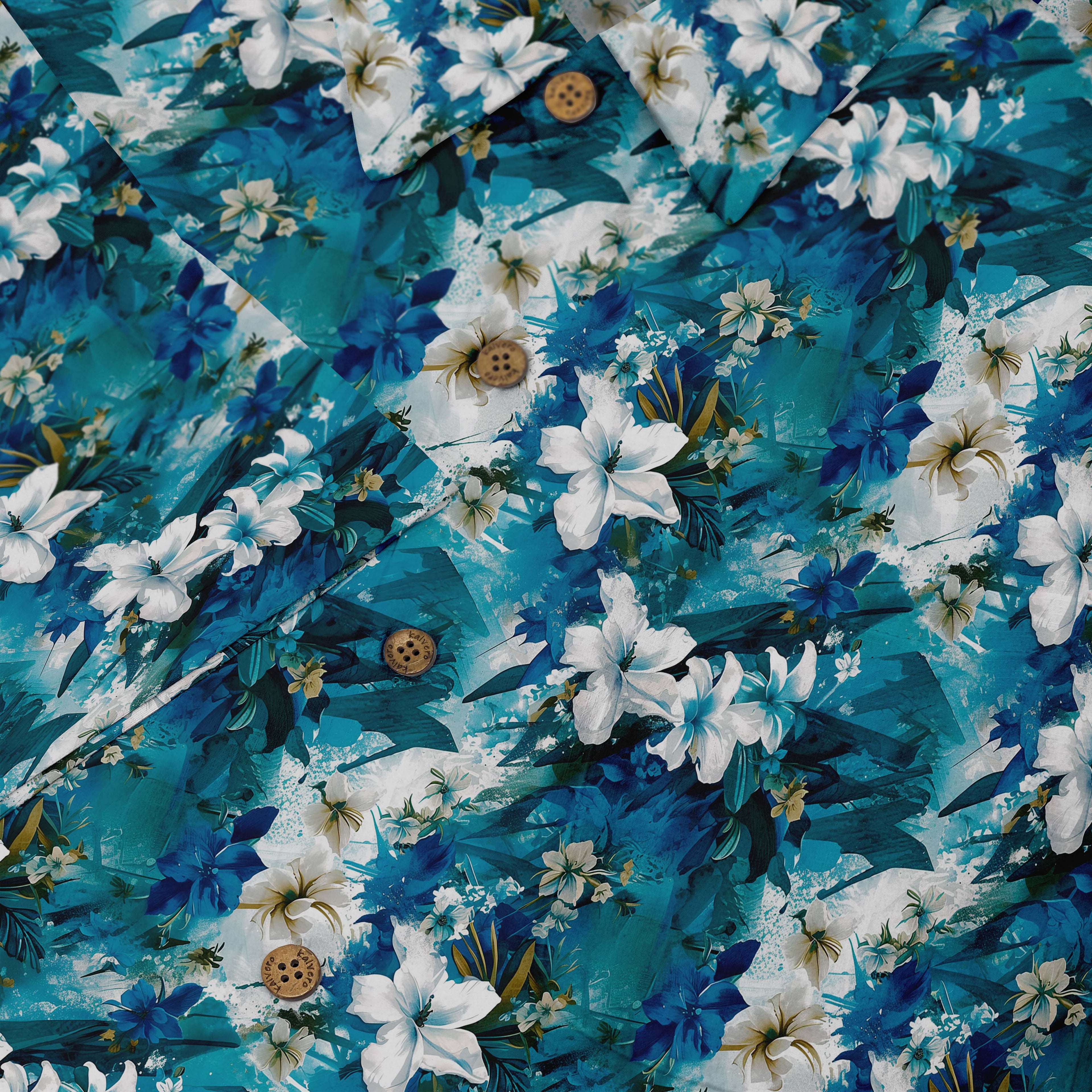 Blue shirt with white flowers and green leaves, evoking an oceanic landscape close-up