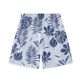 Back view of shorts featuring a blue and white tropical leaf design on a light background.