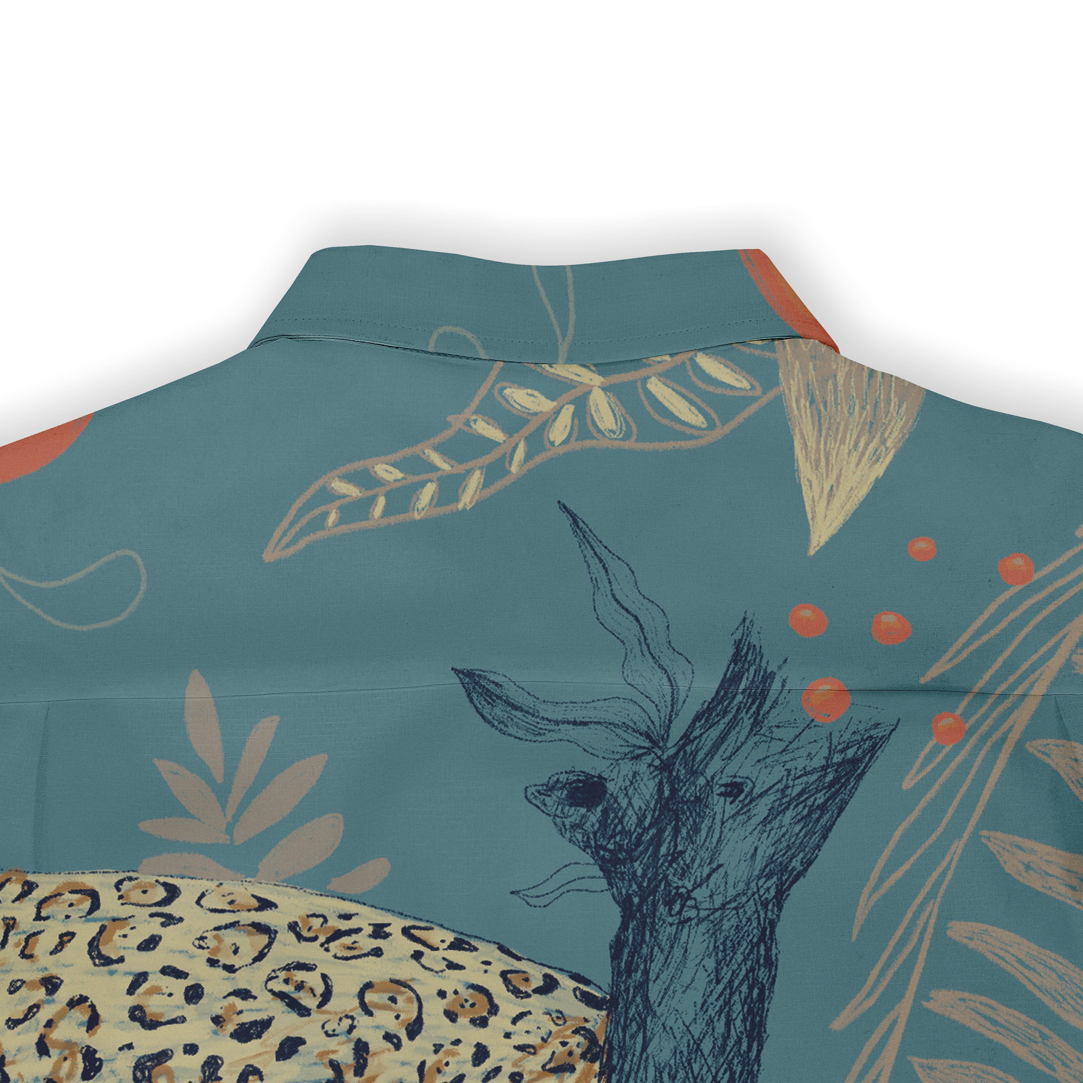 &quot;Back view of a shirt collar featuring a nature-inspired design with sketched leaves, branches, and abstract shapes on a blue-green background.&quot;