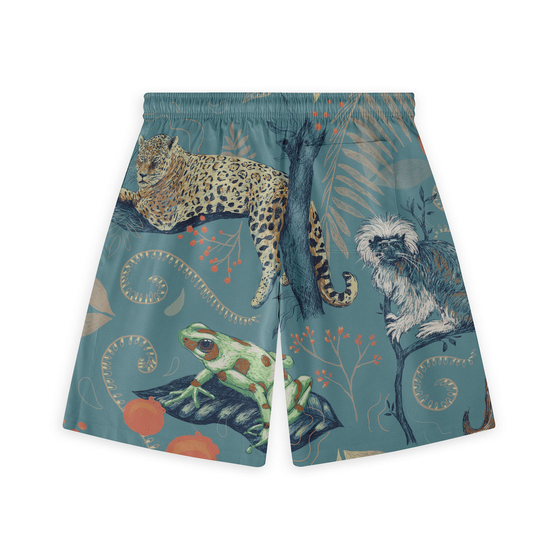 Back view of shorts featuring a jungle design with a leopard, a monkey, a frog, and tropical plants on a muted teal background.