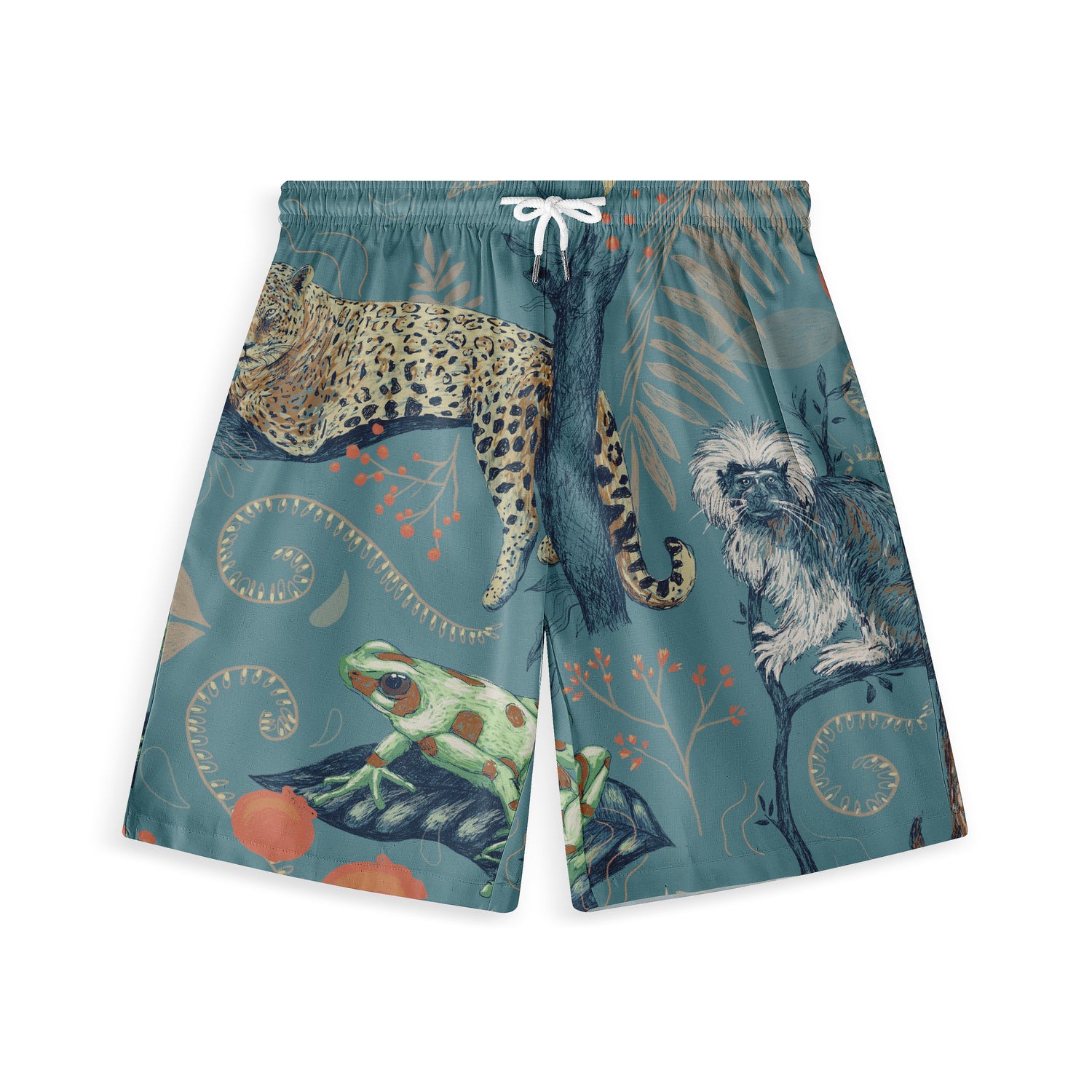 Shorts with a jungle-themed design featuring a leopard, a monkey, a colorful frog, and tropical foliage on a muted teal background.