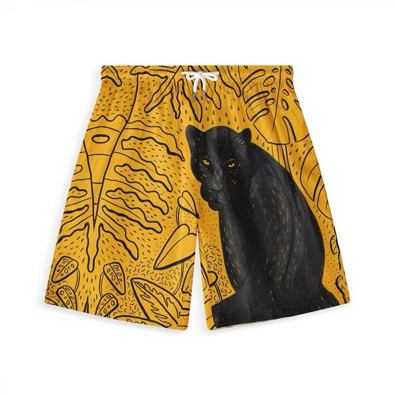 Bold shorts featuring a black panther on a vibrant mustard yellow background with abstract leaf patterns.