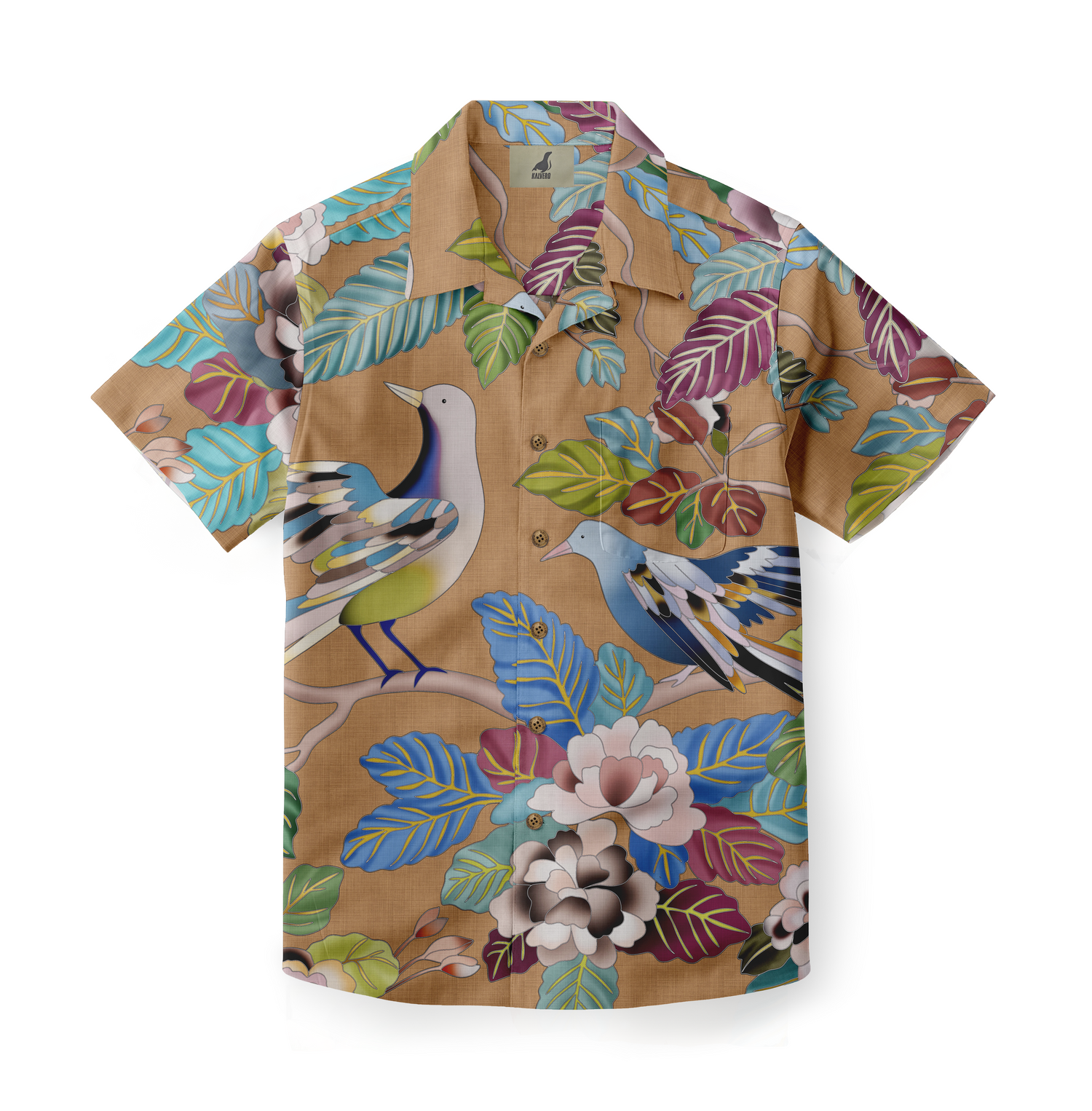 A short-sleeved shirt featuring a colorful design of birds perched among lush leaves and flowers on a beige background, capturing a vibrant and nature-inspired aesthetic.