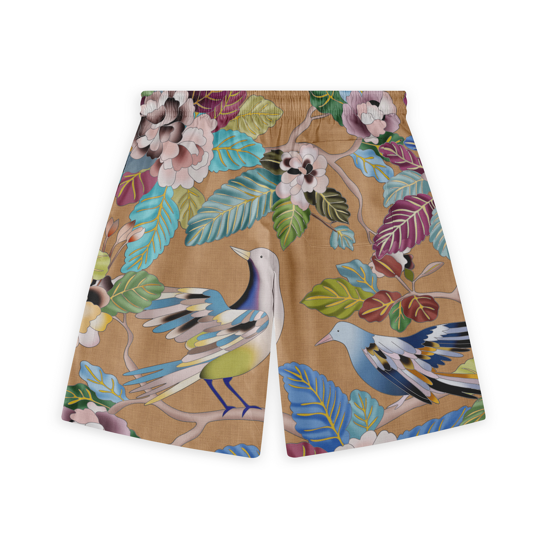 A back view of a pair of shorts with a design featuring colorful birds among vibrant leaves and flowers on a beige background.