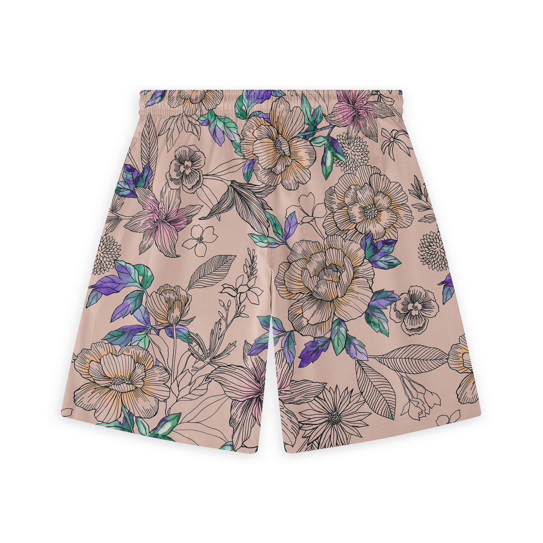 Back view of shorts with a delicate floral pattern in shades of purple, green, and orange on a light beige background.​