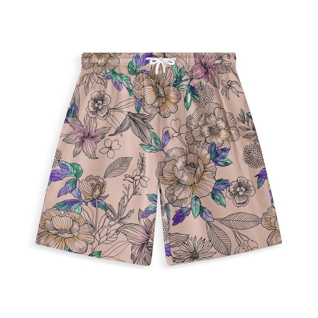 Shorts featuring a delicate floral pattern in shades of purple, green, and orange on a light beige background, with a drawstring waist.