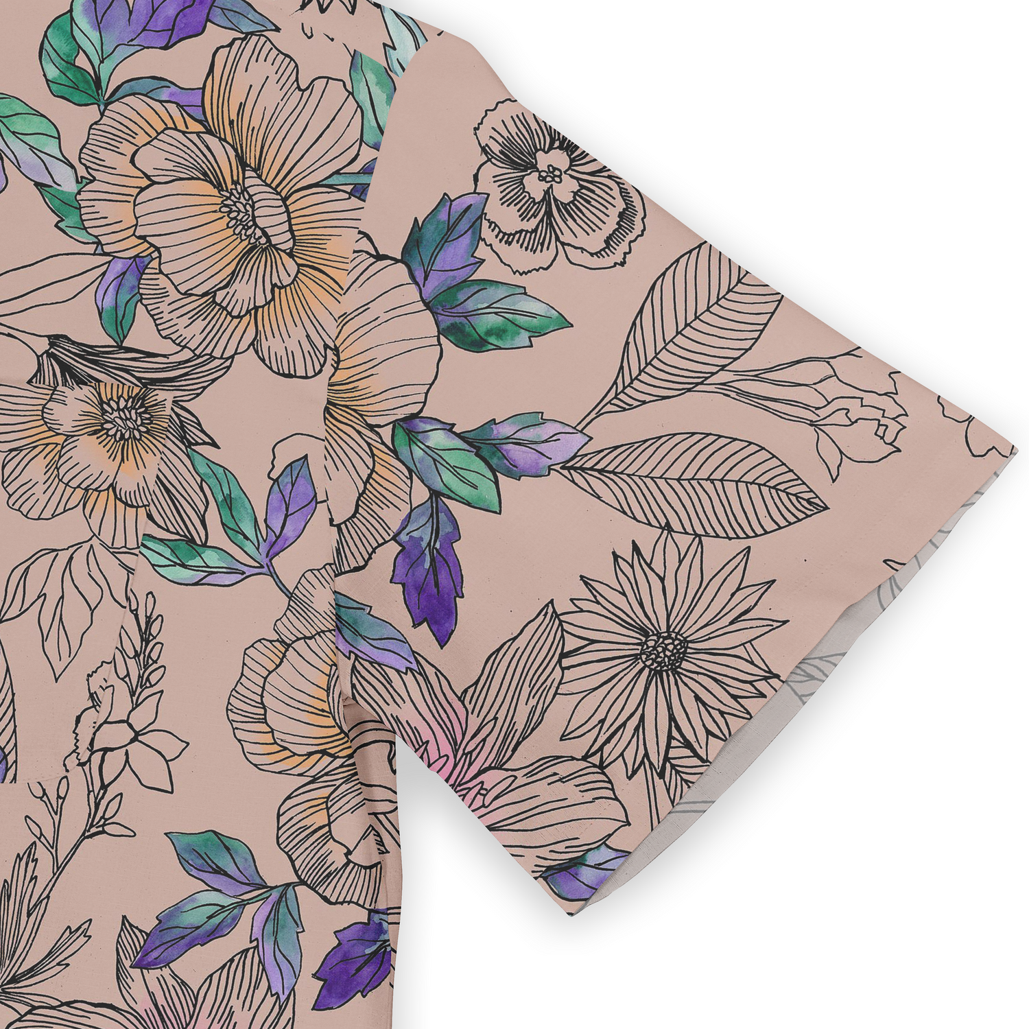 A Hawaiian shirt sleeve with a floral pattern in purple, green, and orange on a beige background.