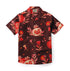 A Hawaiian shirt featuring a pomegranate and floral pattern in red and pink tones on a deep burgundy background, with brown buttons.