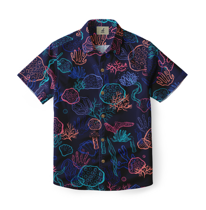 A Hawaiian shirt featuring a vibrant coral reef pattern in neon colors on a dark background, with brown buttons.