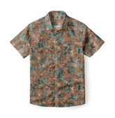 A Hawaiian shirt featuring a detailed floral pattern in brown and teal tones.