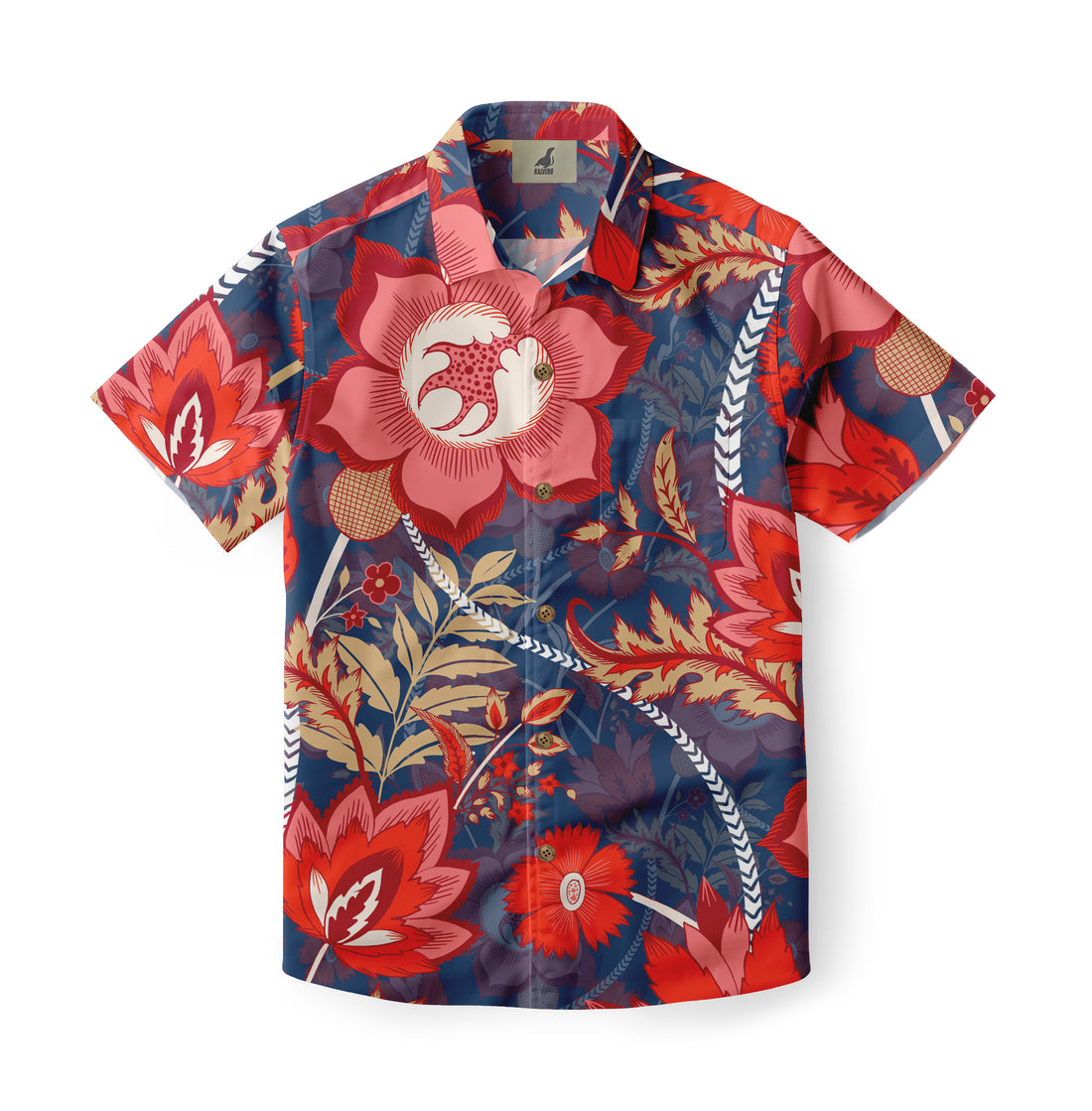 A short-sleeved Hawaiian shirt featuring a bold red, pink, and beige floral pattern on a dark blue background.