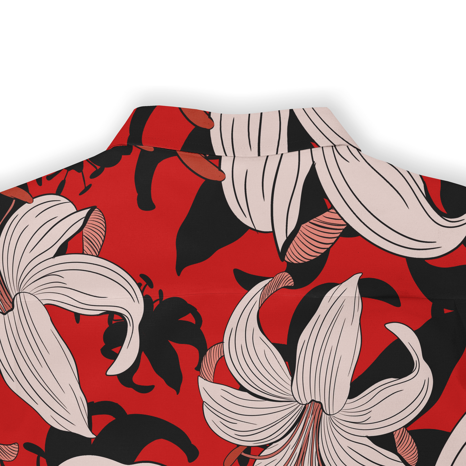 Red and black contrast with bold lily prints.