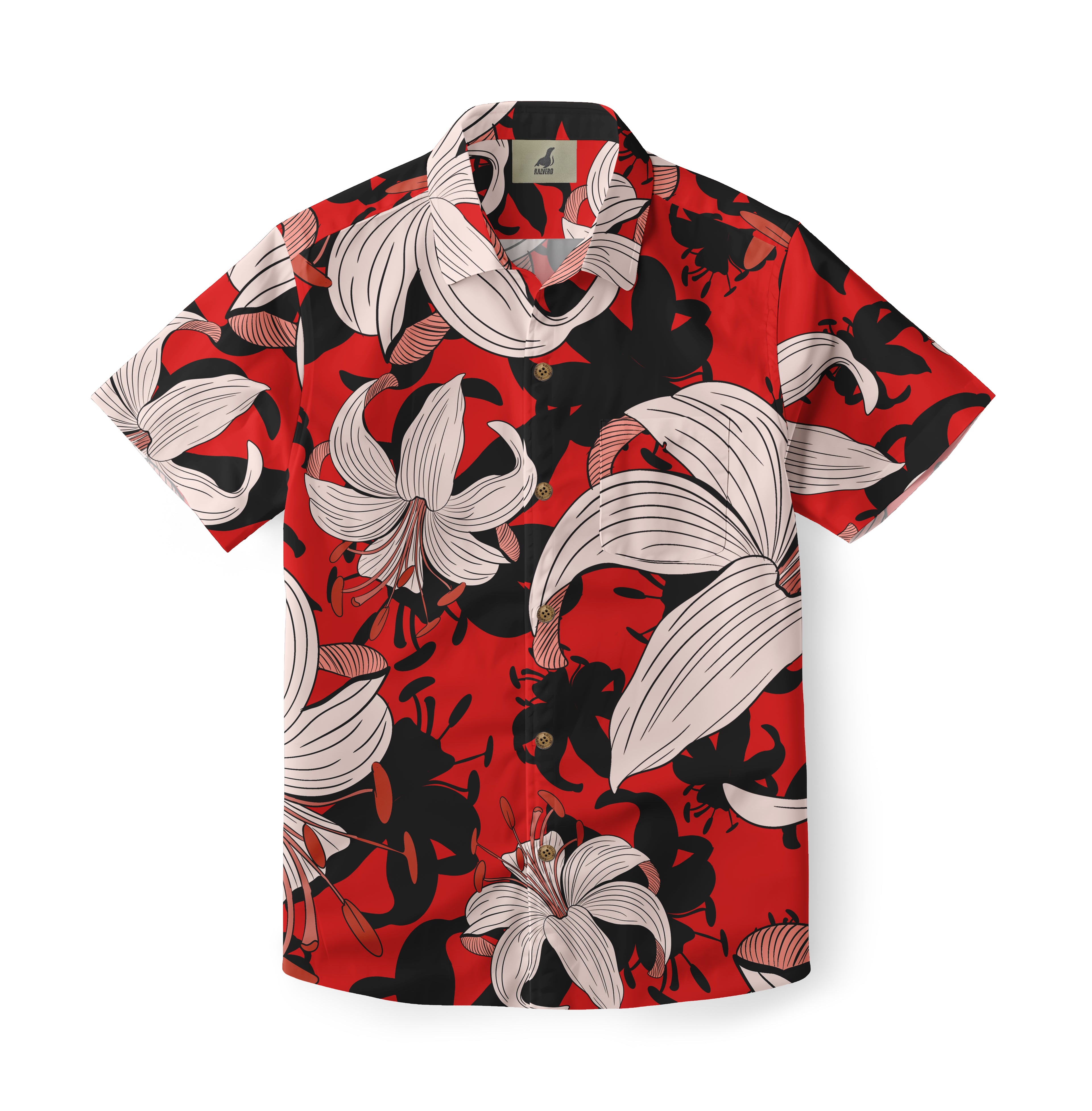 Red Hawaiian shirt featuring large white lilies with black accents, set against a vibrant red background for a bold, eye-catching look.