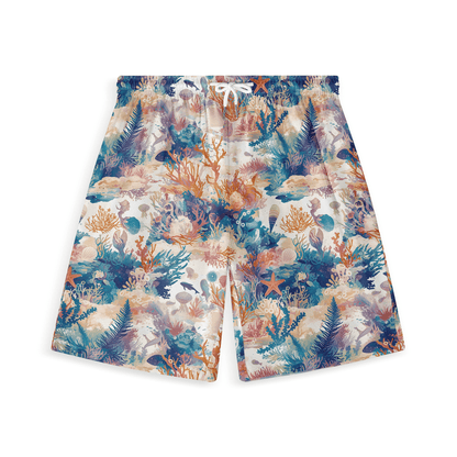 Short with harmonious aquatic plant and sea creature designs in vibrant colors.