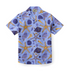 This image shows a Hawaiian shirt with an oceanic theme, featuring blue and gold starfish and seashells in a vibrant, seamless pattern.