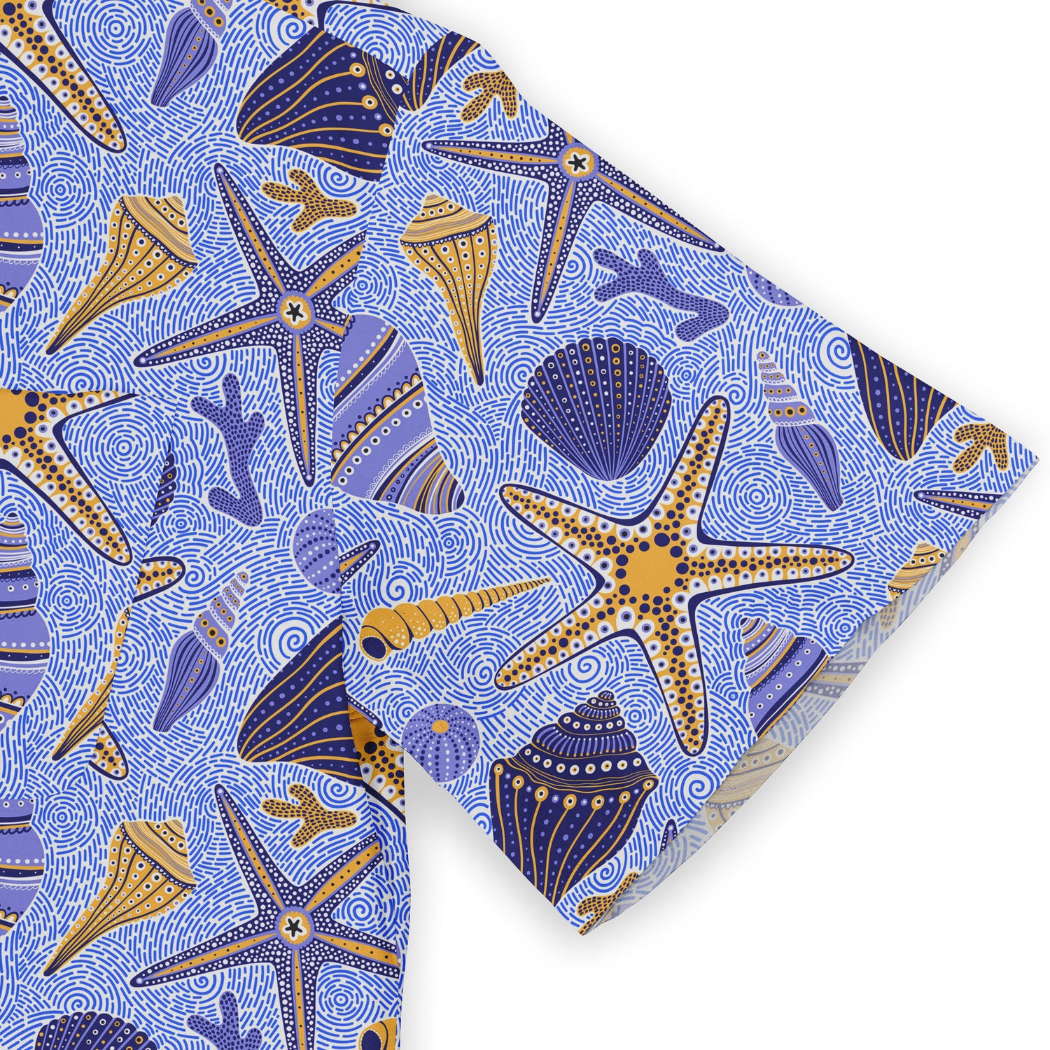 Blue and gold starfish and seashells design on a short-sleeve Hawaiian shirt.